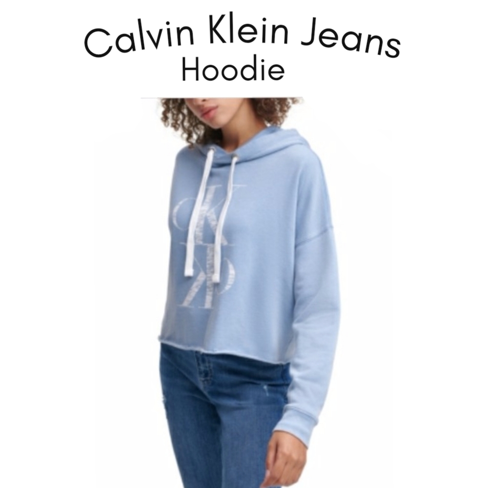 Calvin Klein Jeans Baby Blue Raw Hem Distressed Logo Comfy Hoodie  Sweatshirt MD